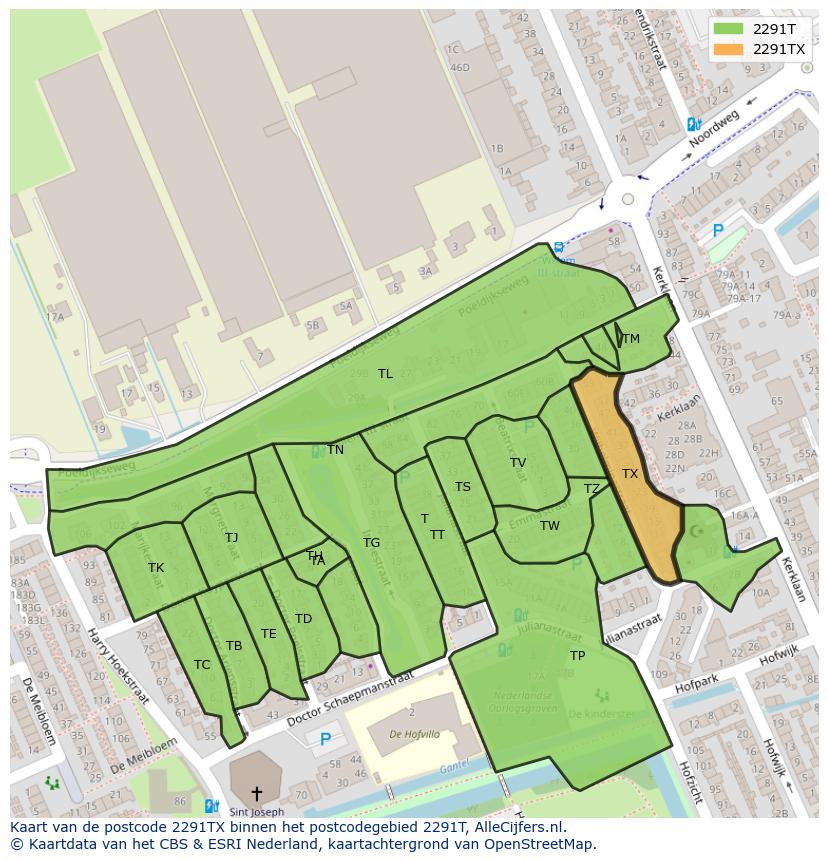 Afbeelding van het postcodegebied 2291 TX op de kaart.