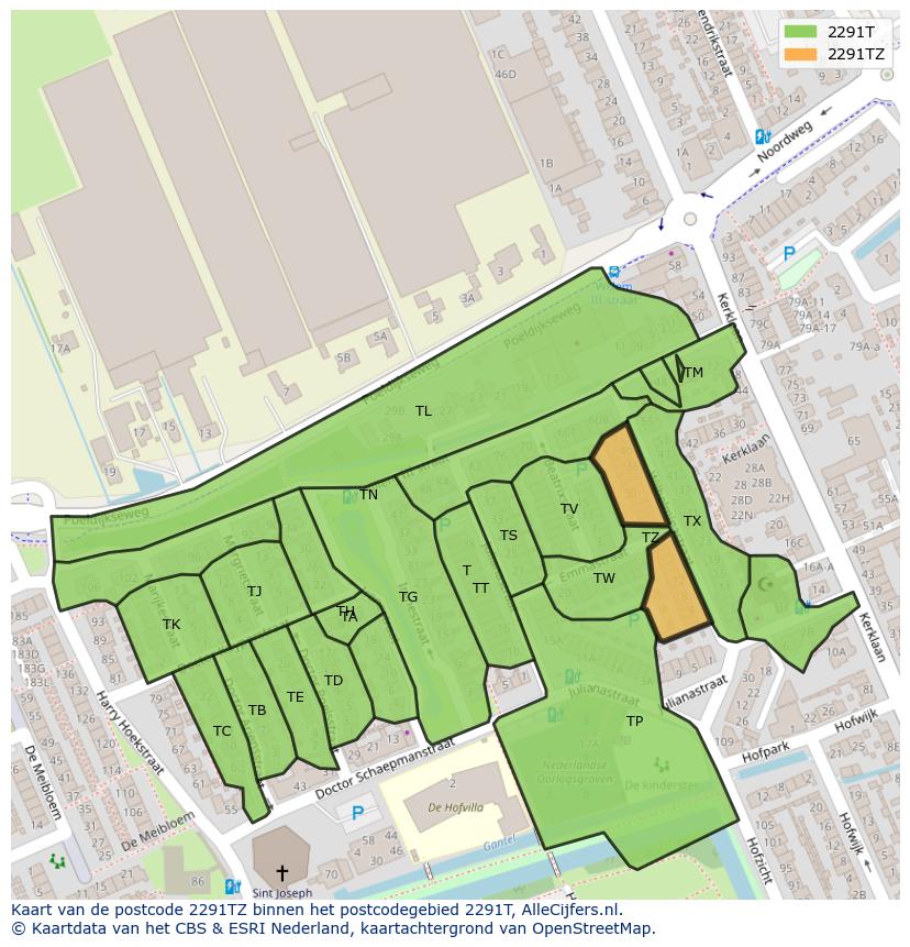 Afbeelding van het postcodegebied 2291 TZ op de kaart.