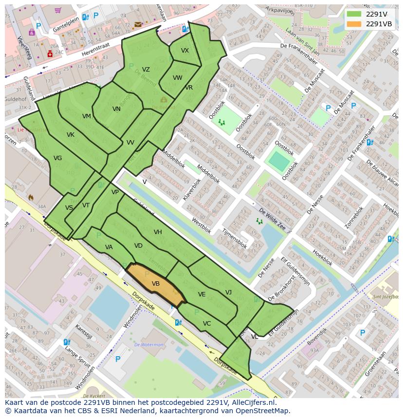 Afbeelding van het postcodegebied 2291 VB op de kaart.