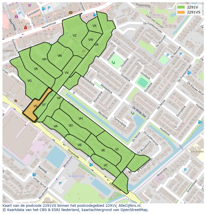 Afbeelding van het postcodegebied 2291 VS op de kaart.