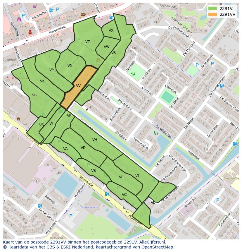 Afbeelding van het postcodegebied 2291 VV op de kaart.