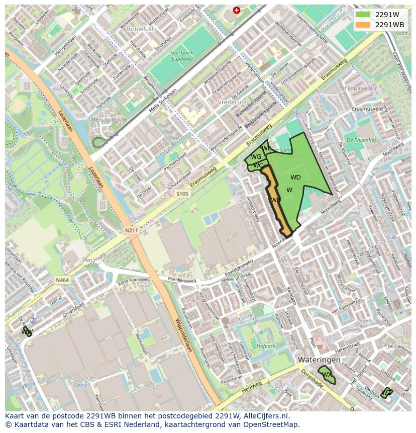 Afbeelding van het postcodegebied 2291 WB op de kaart.