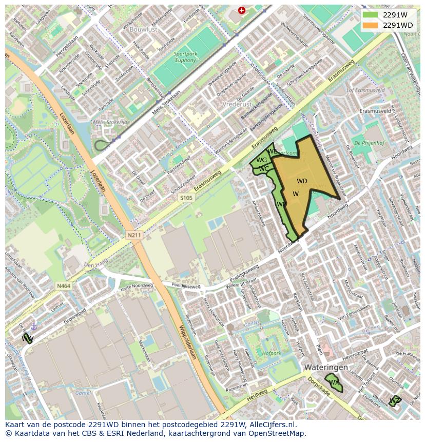 Afbeelding van het postcodegebied 2291 WD op de kaart.