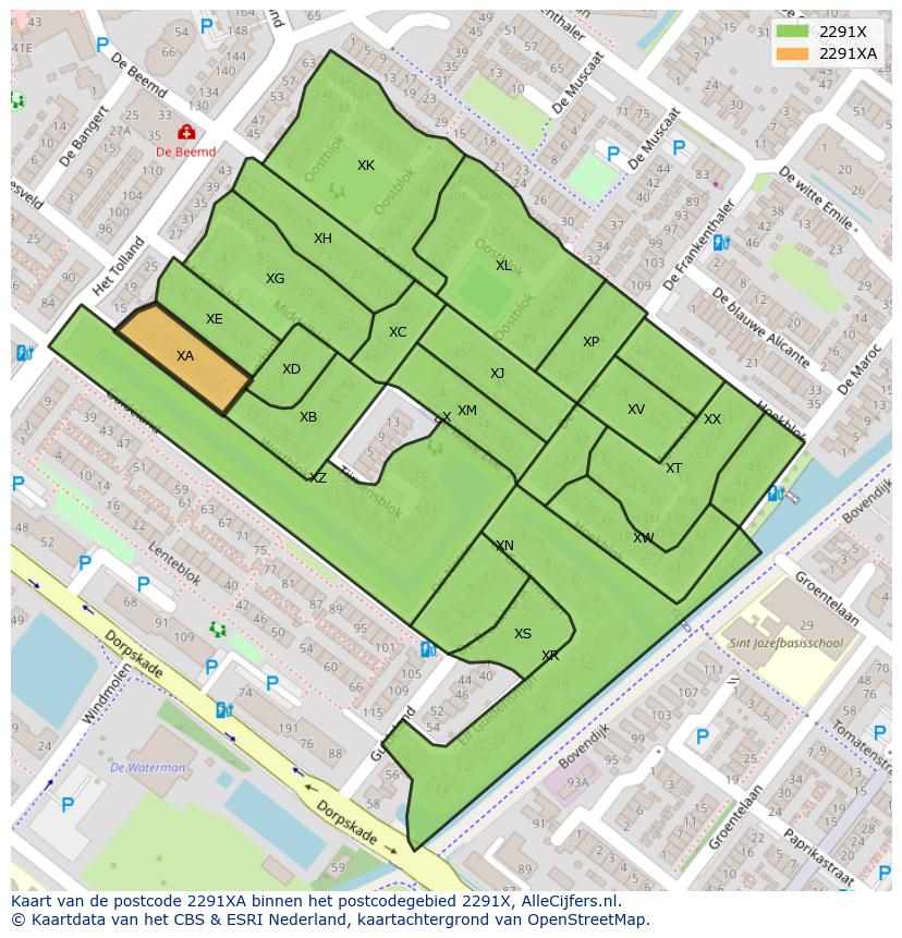 Afbeelding van het postcodegebied 2291 XA op de kaart.