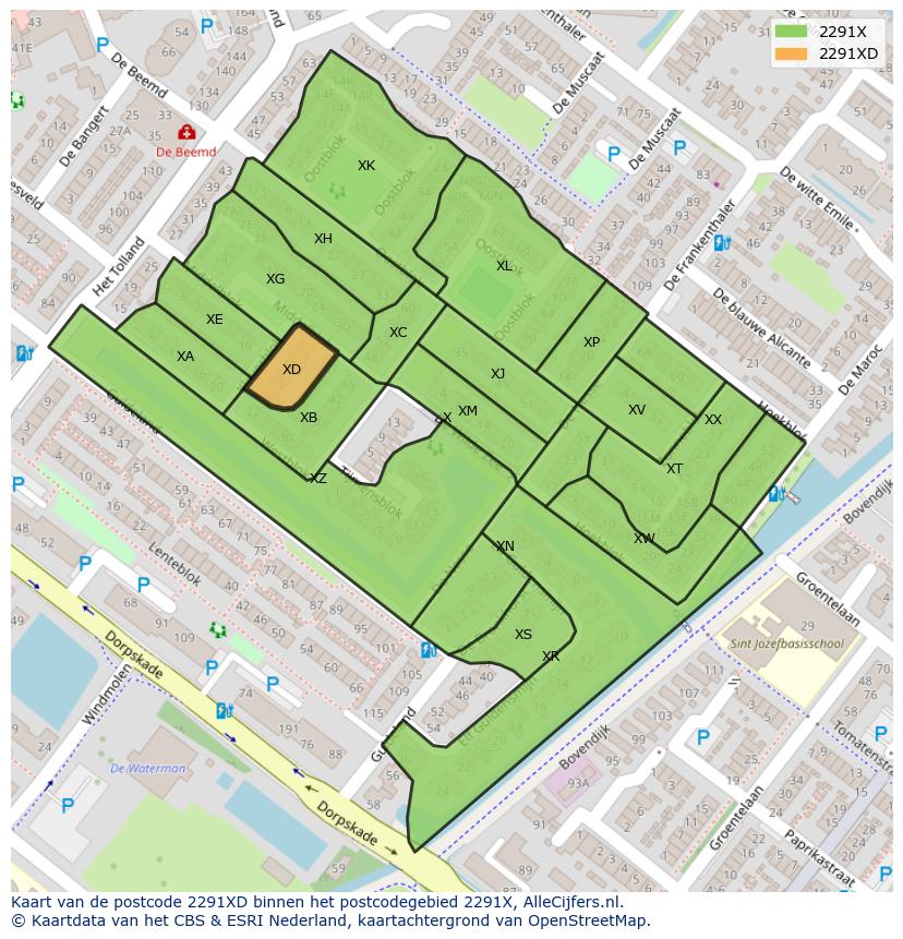 Afbeelding van het postcodegebied 2291 XD op de kaart.