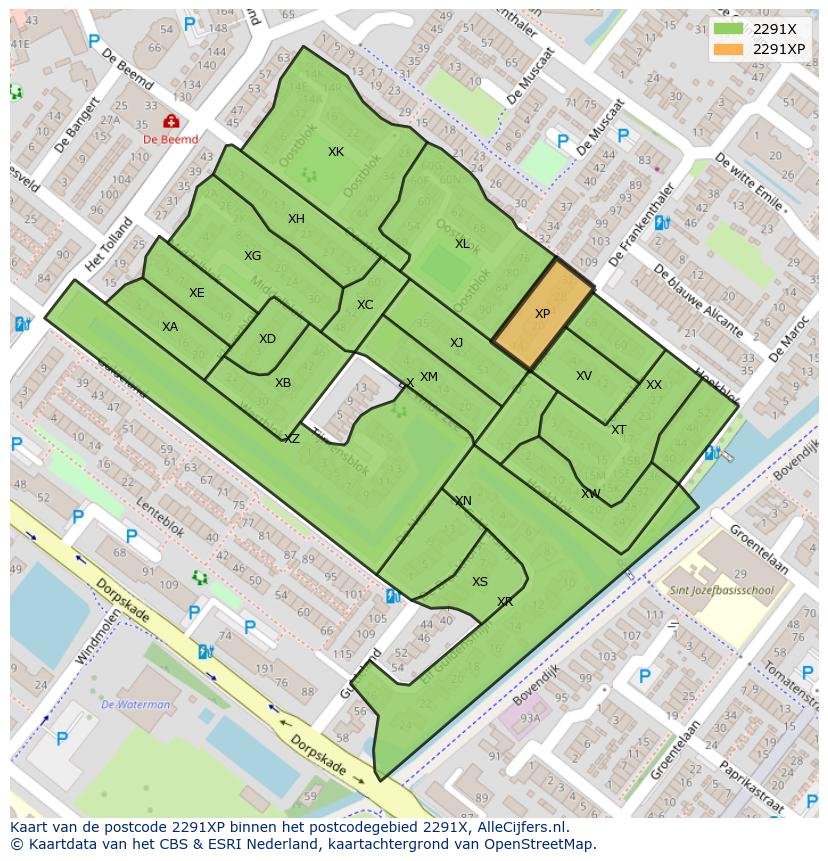 Afbeelding van het postcodegebied 2291 XP op de kaart.
