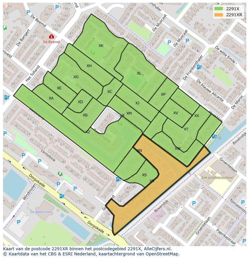 Afbeelding van het postcodegebied 2291 XR op de kaart.