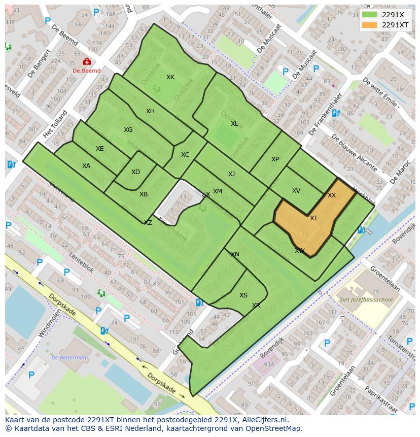 Afbeelding van het postcodegebied 2291 XT op de kaart.
