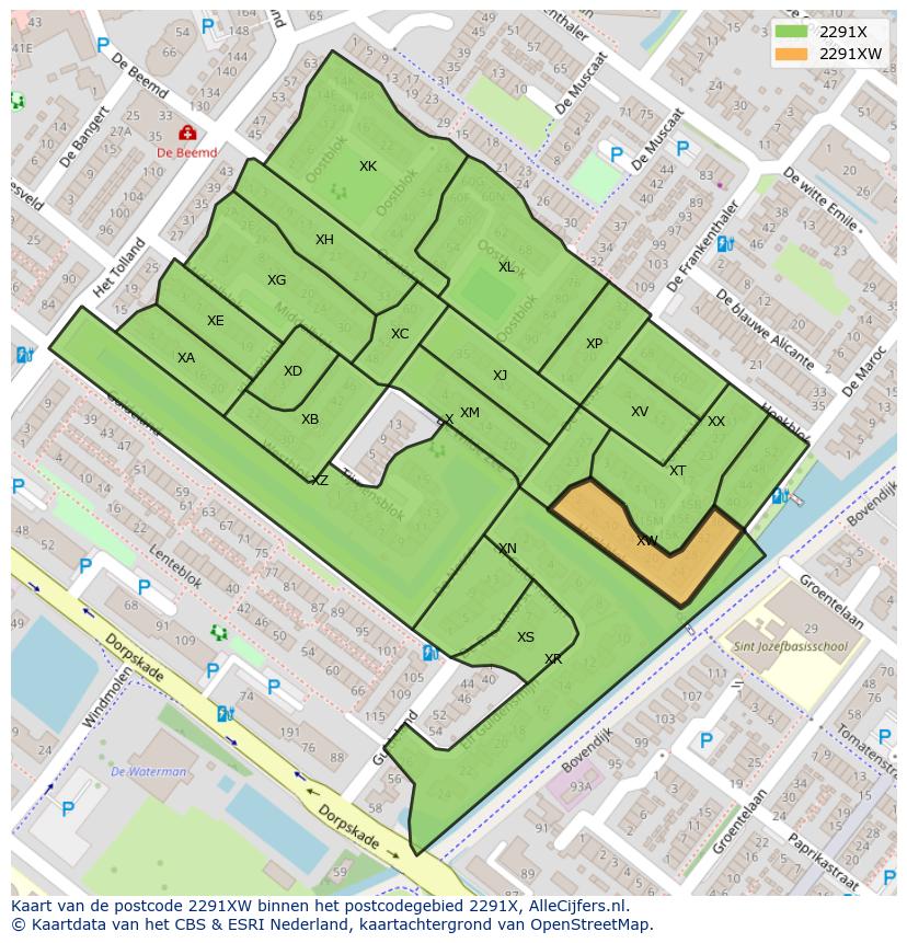 Afbeelding van het postcodegebied 2291 XW op de kaart.