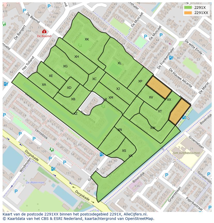 Afbeelding van het postcodegebied 2291 XX op de kaart.