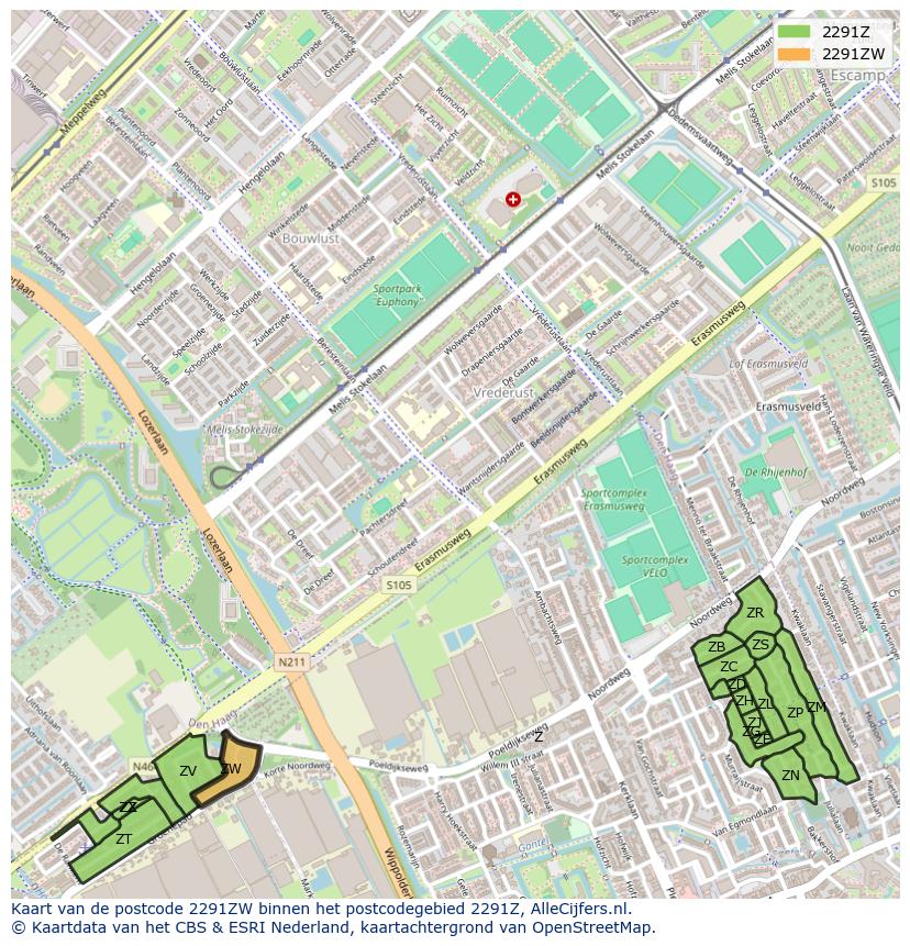 Afbeelding van het postcodegebied 2291 ZW op de kaart.