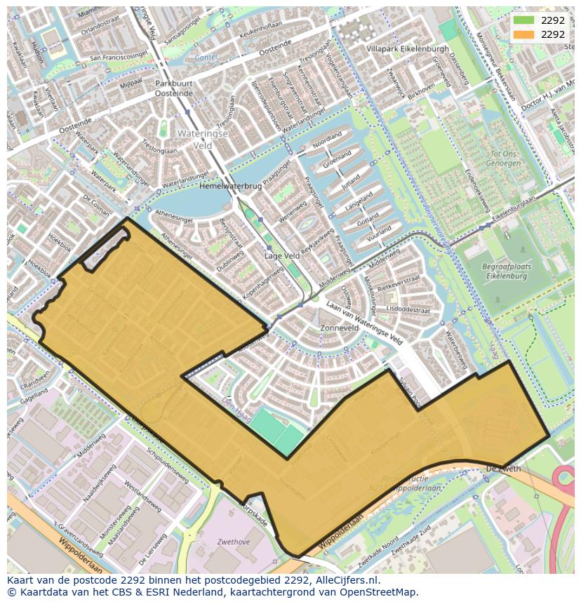 Afbeelding van het postcodegebied 2292 op de kaart.