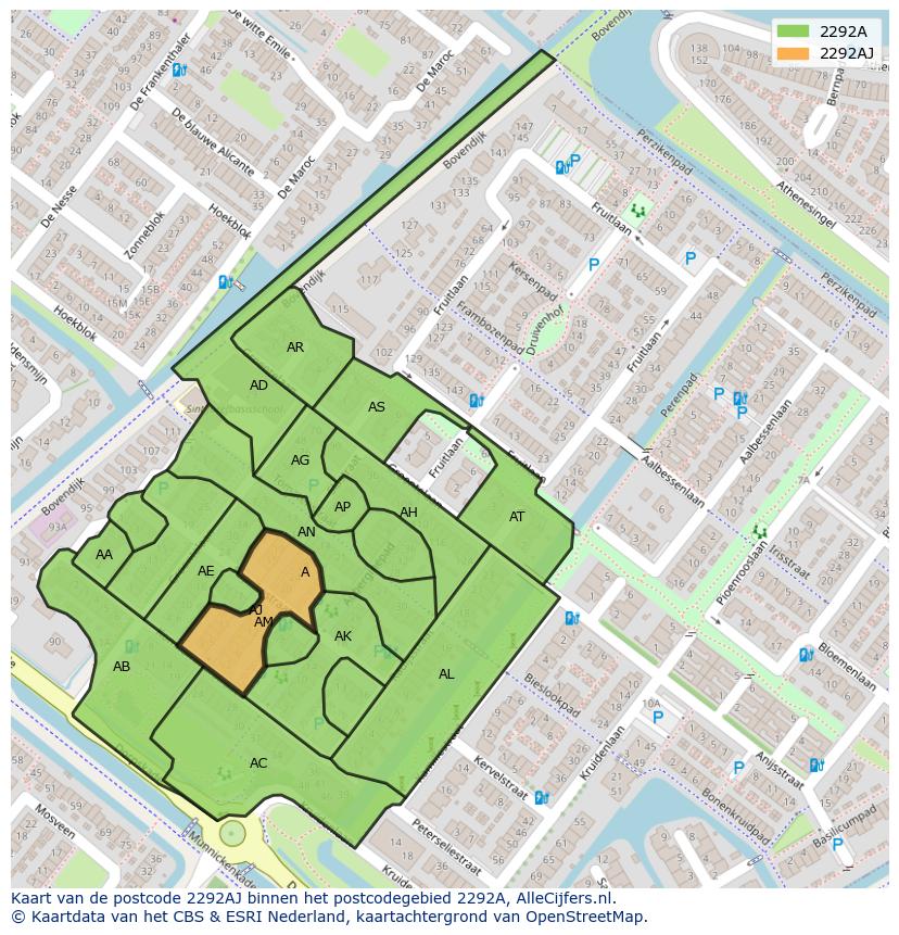 Afbeelding van het postcodegebied 2292 AJ op de kaart.
