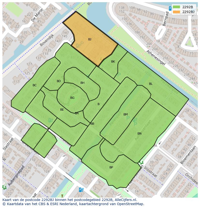 Afbeelding van het postcodegebied 2292 BJ op de kaart.
