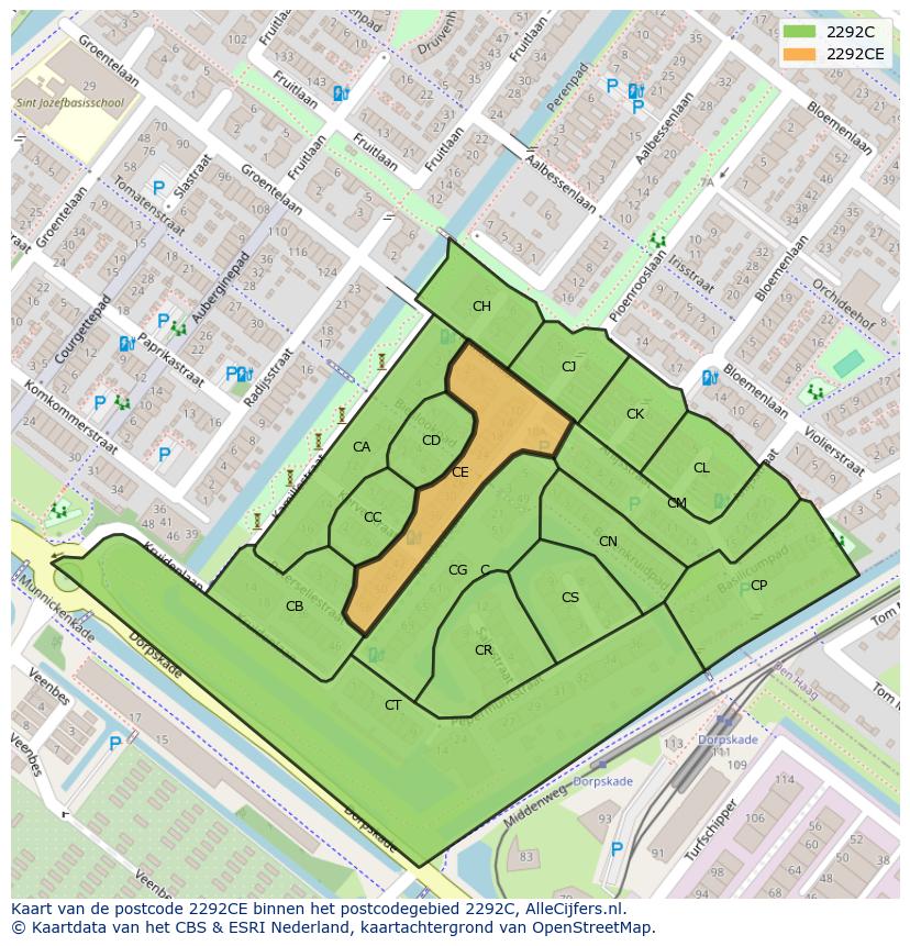 Afbeelding van het postcodegebied 2292 CE op de kaart.