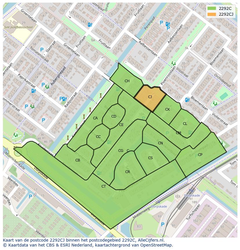 Afbeelding van het postcodegebied 2292 CJ op de kaart.