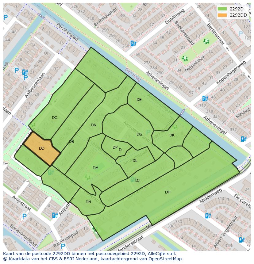 Afbeelding van het postcodegebied 2292 DD op de kaart.