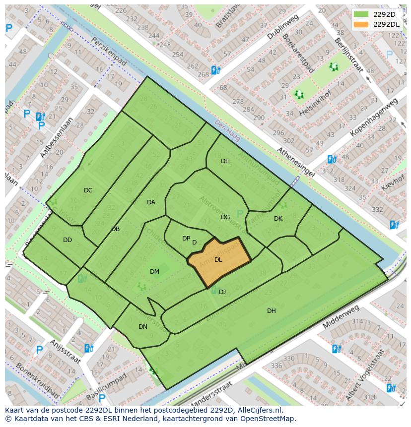 Afbeelding van het postcodegebied 2292 DL op de kaart.