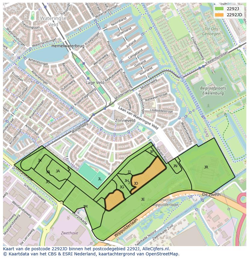Afbeelding van het postcodegebied 2292 JD op de kaart.