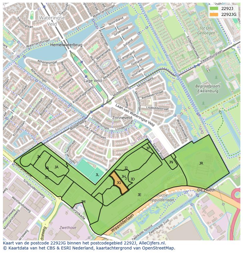 Afbeelding van het postcodegebied 2292 JG op de kaart.