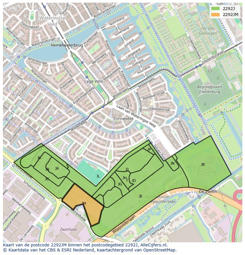 Afbeelding van het postcodegebied 2292 JM op de kaart.