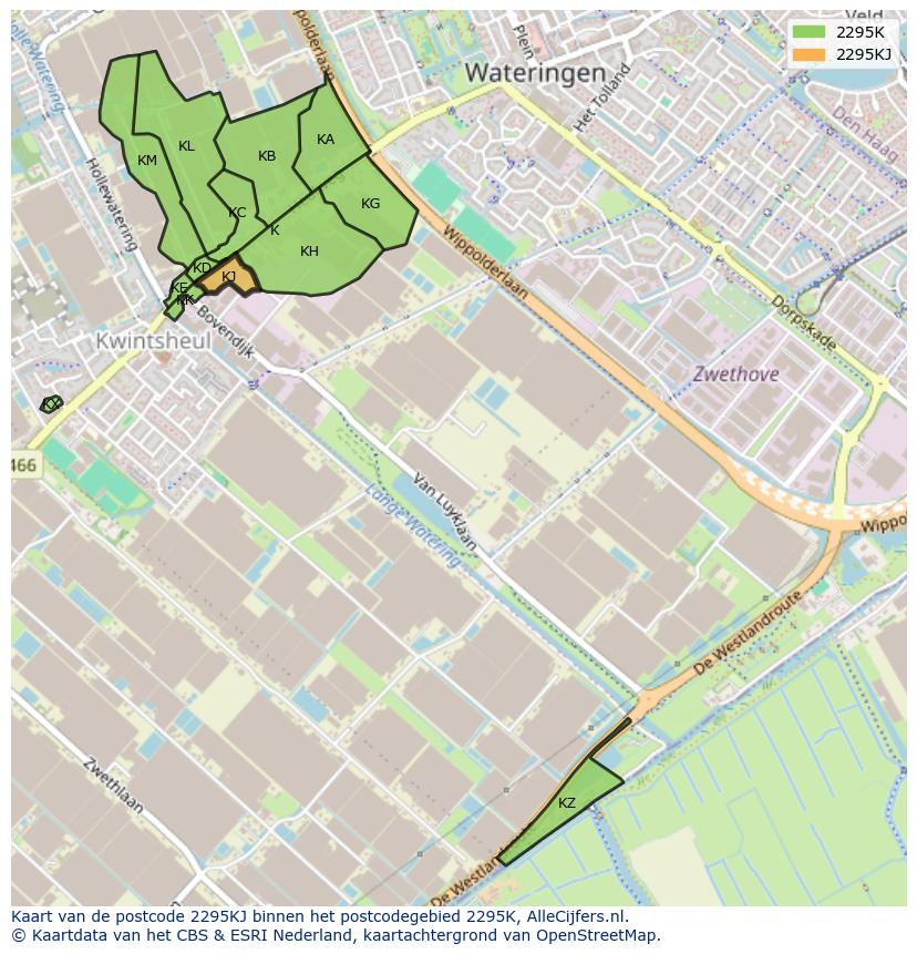 Afbeelding van het postcodegebied 2295 KJ op de kaart.