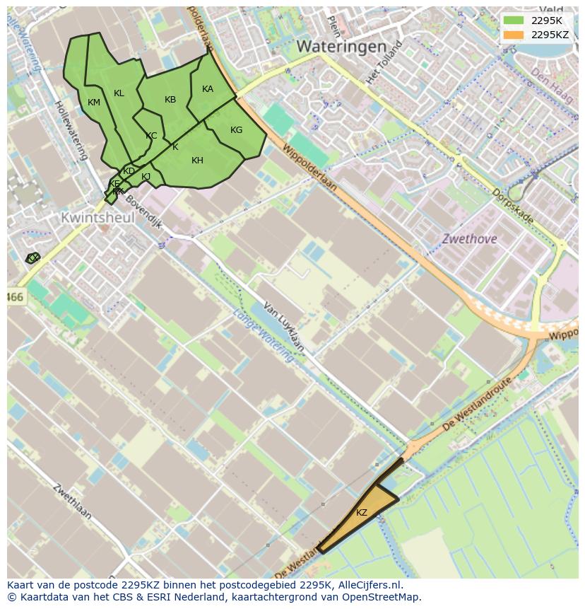 Afbeelding van het postcodegebied 2295 KZ op de kaart.
