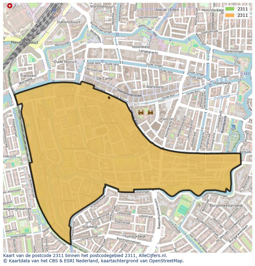 Afbeelding van het postcodegebied 2311 op de kaart.