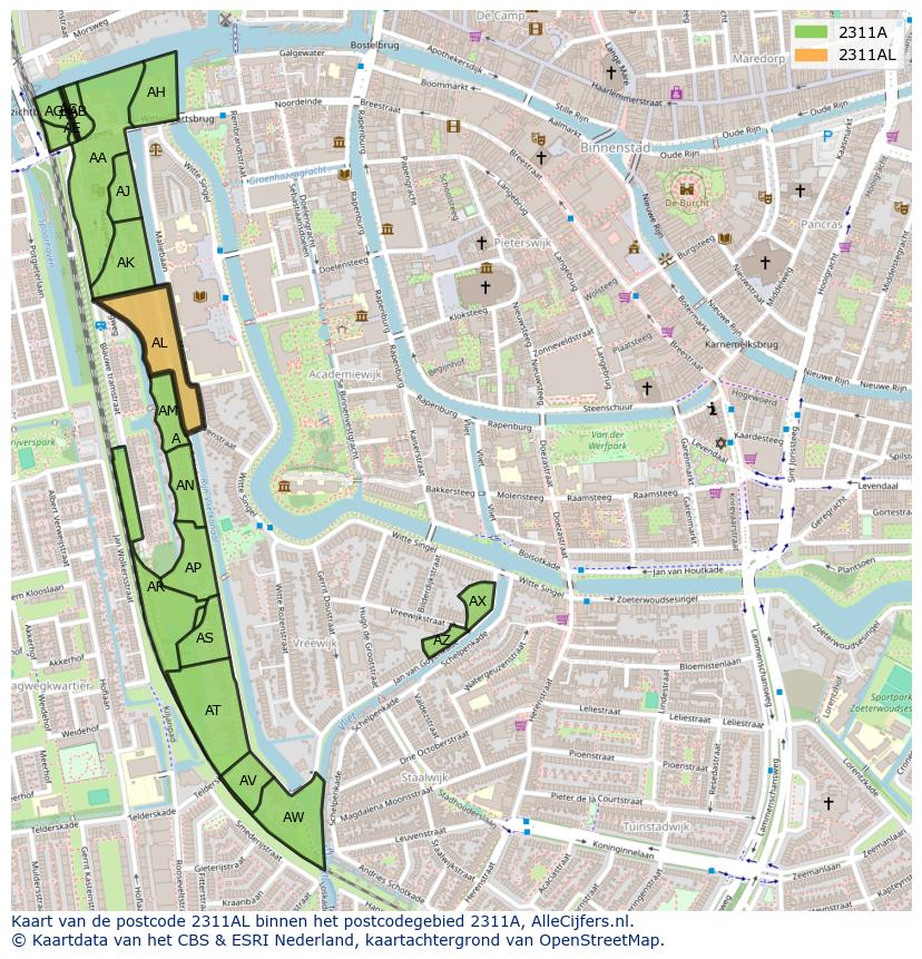 Afbeelding van het postcodegebied 2311 AL op de kaart.