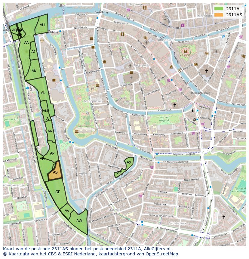 Afbeelding van het postcodegebied 2311 AS op de kaart.
