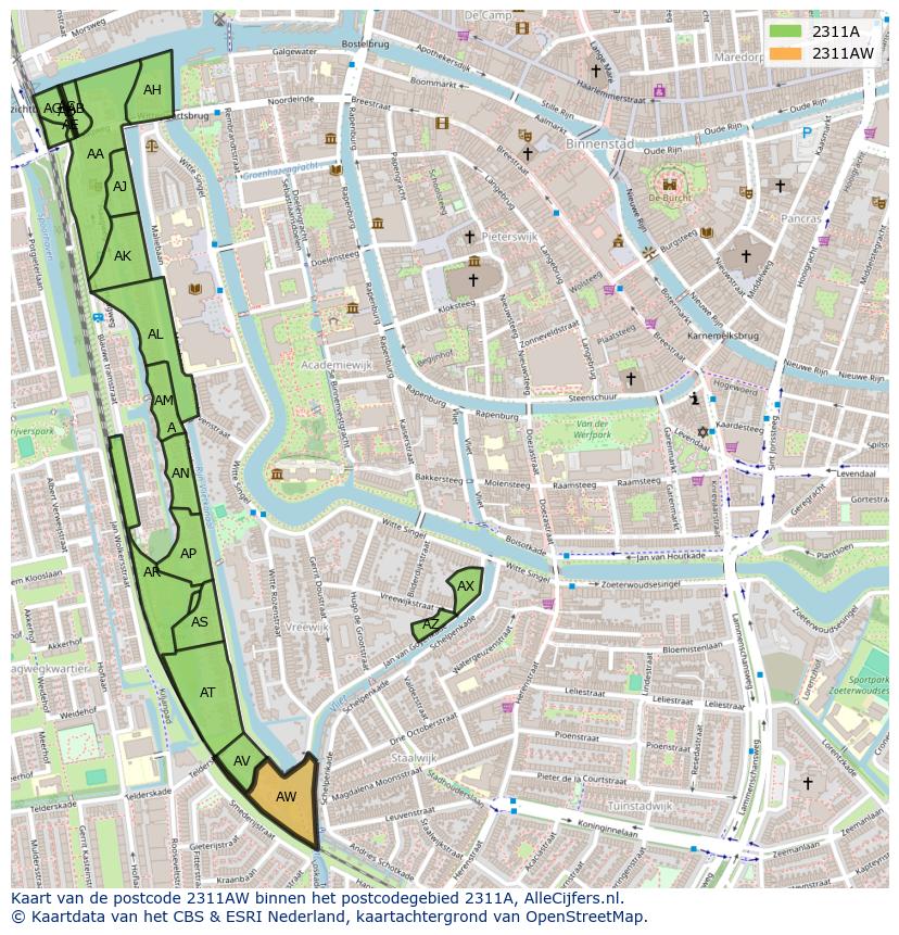 Afbeelding van het postcodegebied 2311 AW op de kaart.