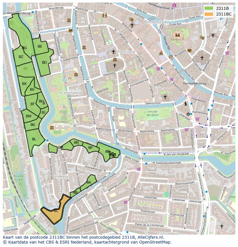 Afbeelding van het postcodegebied 2311 BC op de kaart.