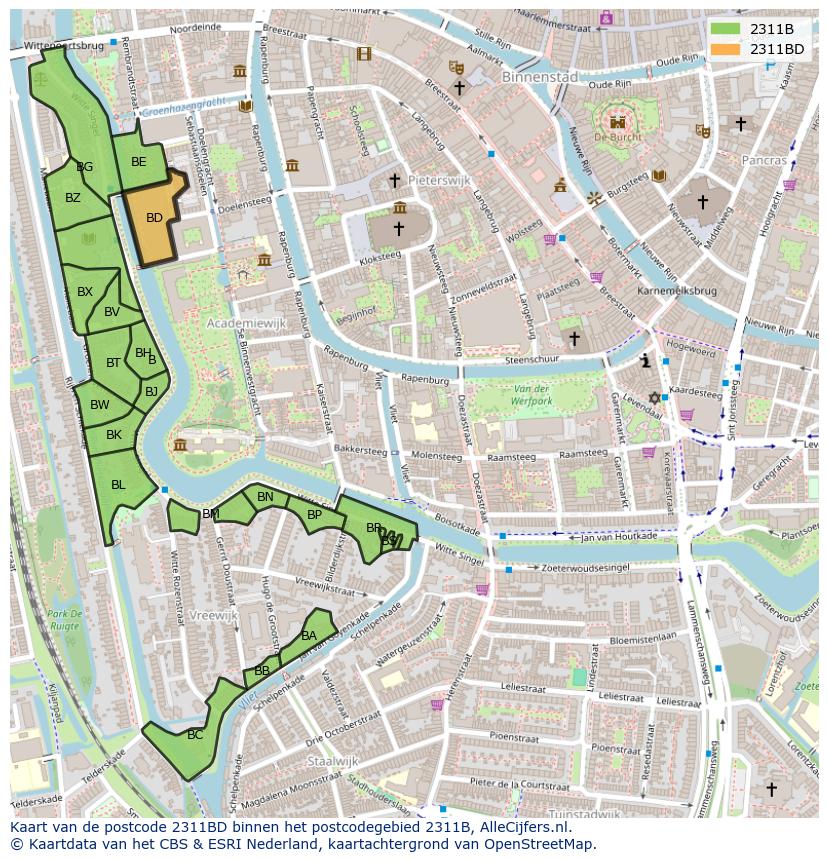 Afbeelding van het postcodegebied 2311 BD op de kaart.