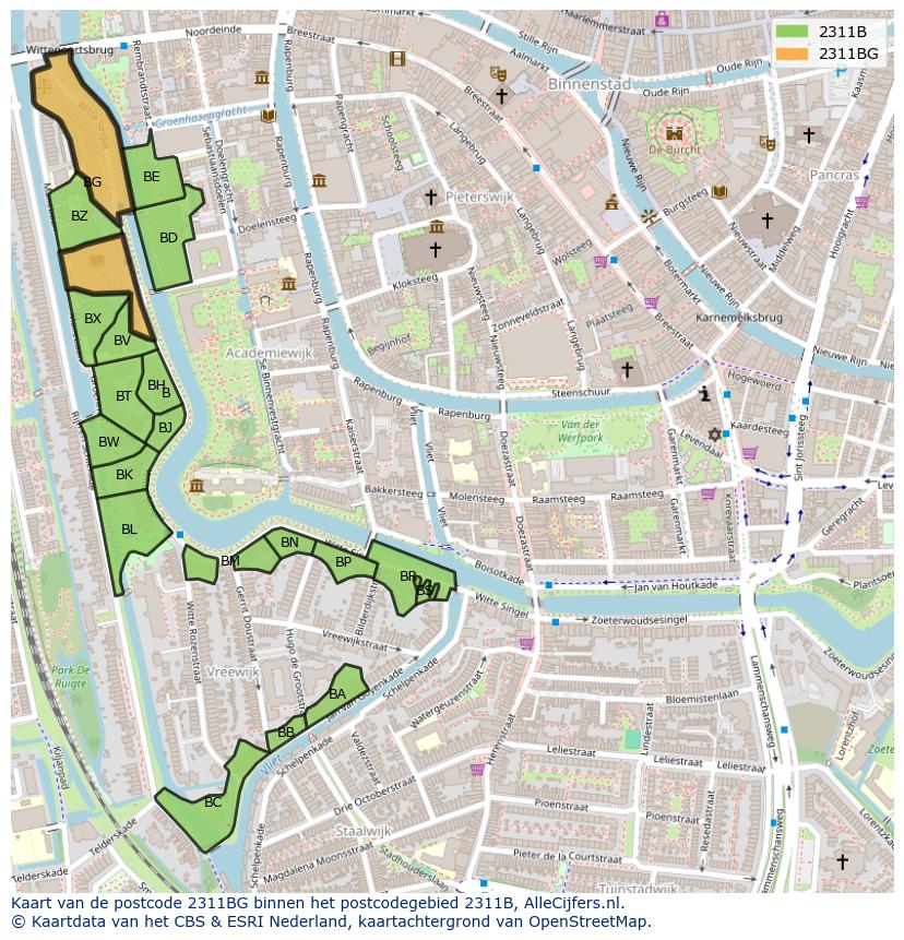 Afbeelding van het postcodegebied 2311 BG op de kaart.