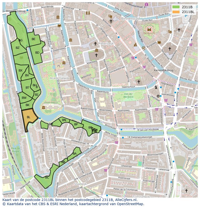 Afbeelding van het postcodegebied 2311 BL op de kaart.