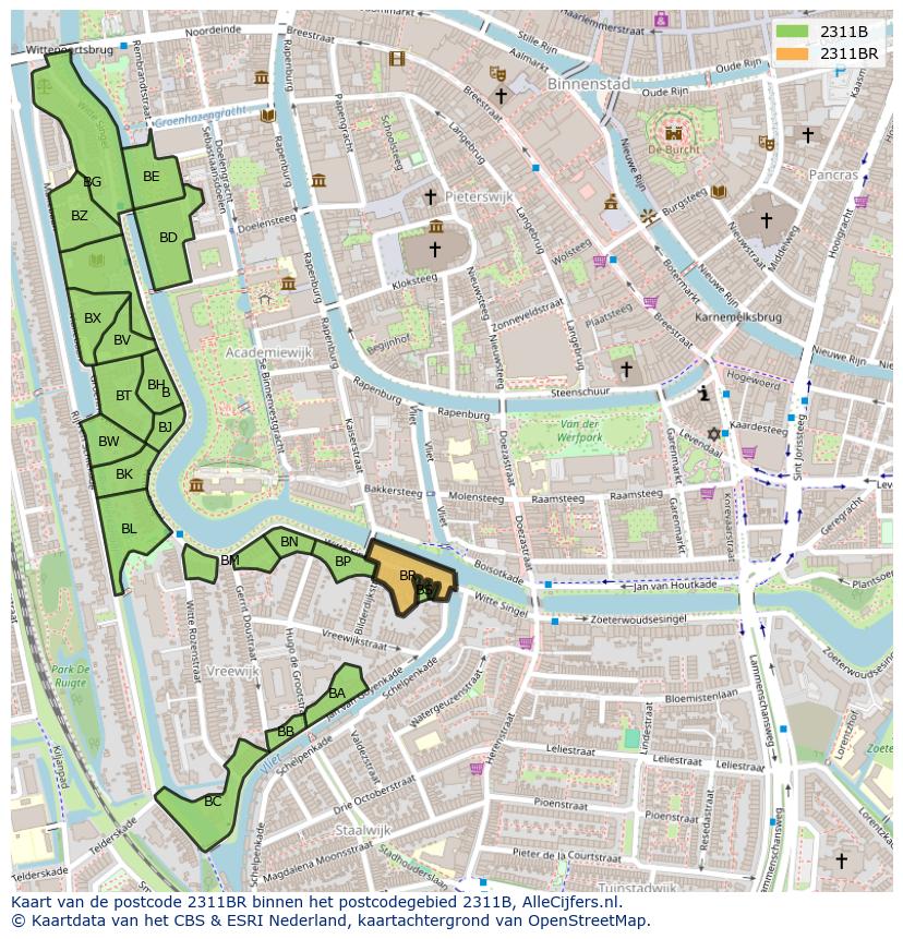 Afbeelding van het postcodegebied 2311 BR op de kaart.