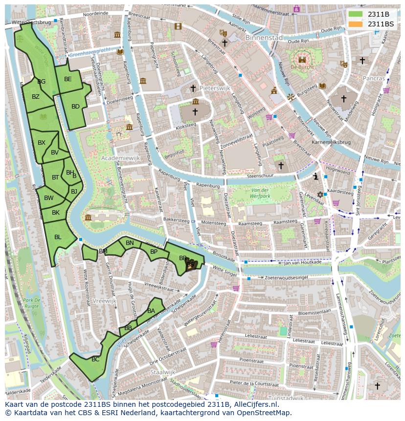 Afbeelding van het postcodegebied 2311 BS op de kaart.