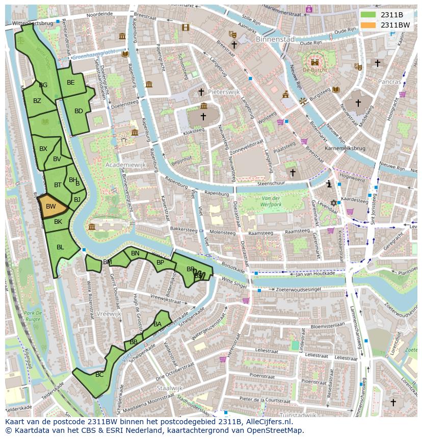 Afbeelding van het postcodegebied 2311 BW op de kaart.