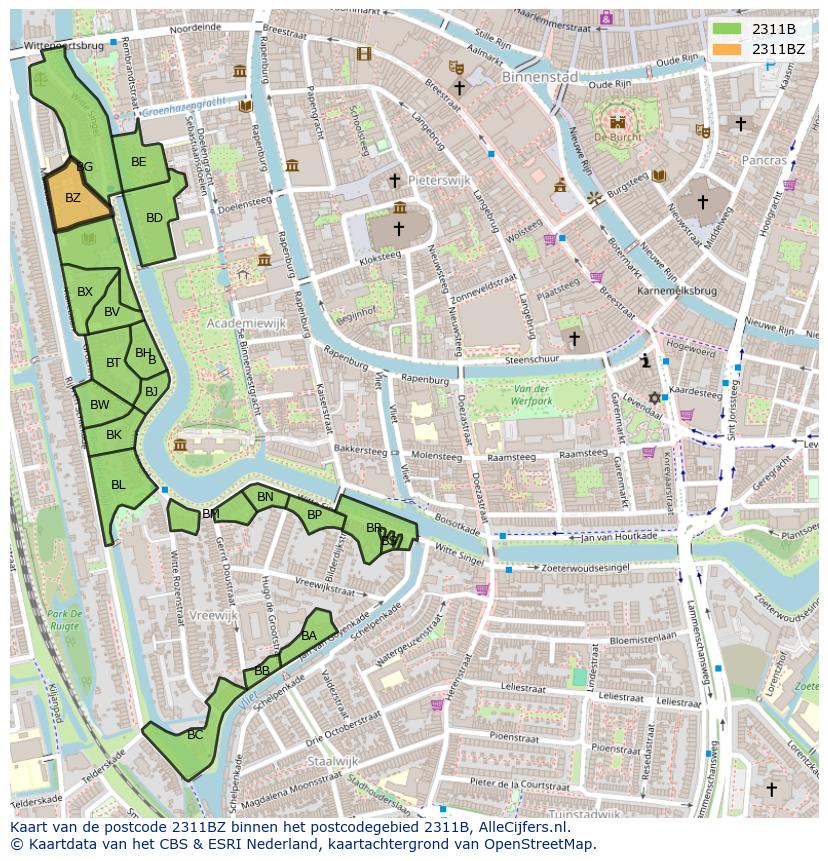 Afbeelding van het postcodegebied 2311 BZ op de kaart.