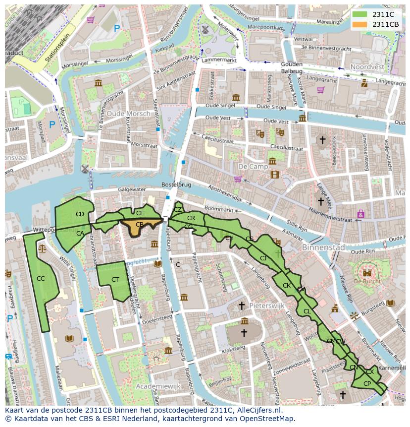 Afbeelding van het postcodegebied 2311 CB op de kaart.