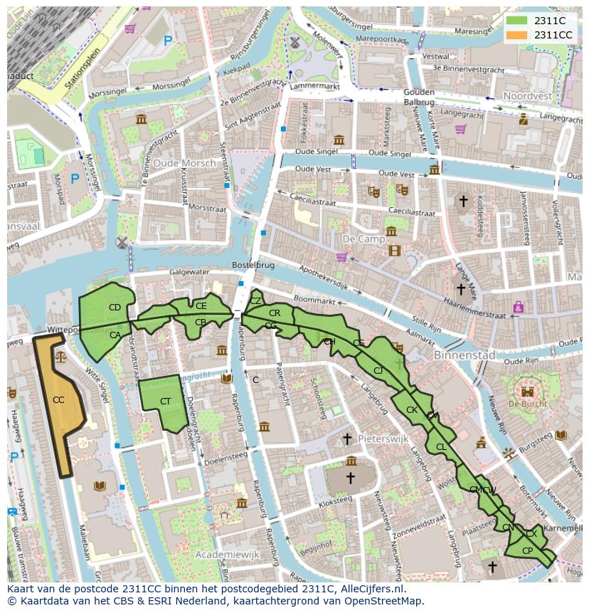Afbeelding van het postcodegebied 2311 CC op de kaart.