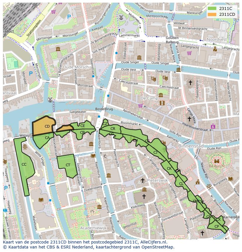 Afbeelding van het postcodegebied 2311 CD op de kaart.