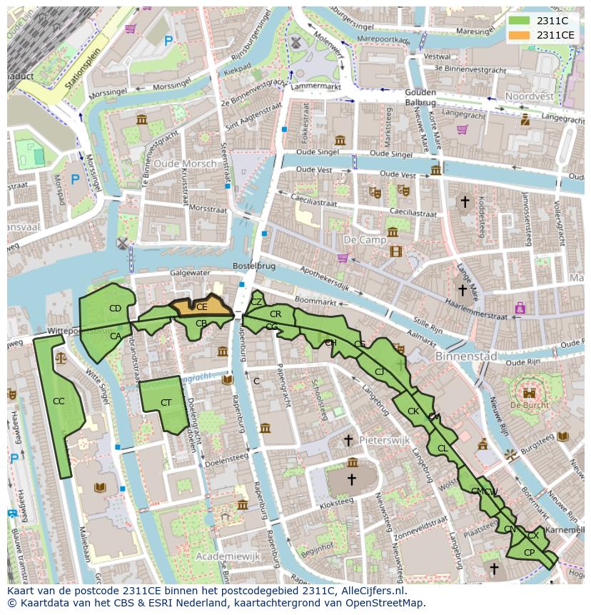 Afbeelding van het postcodegebied 2311 CE op de kaart.