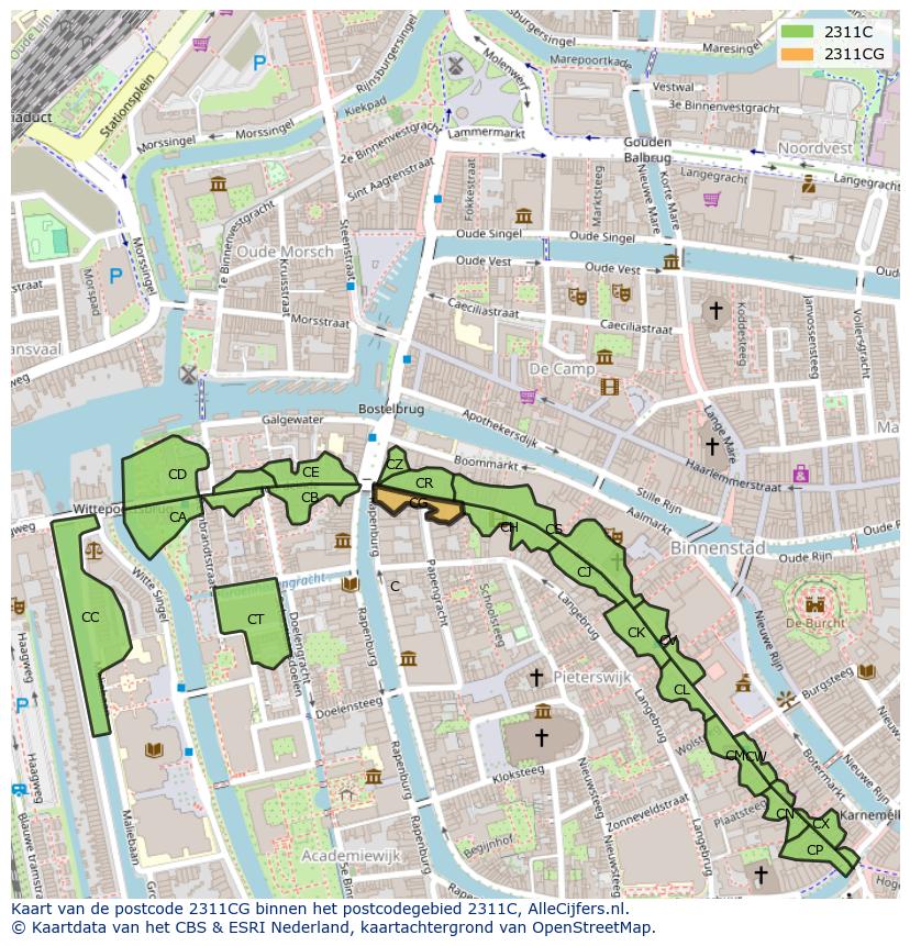 Afbeelding van het postcodegebied 2311 CG op de kaart.
