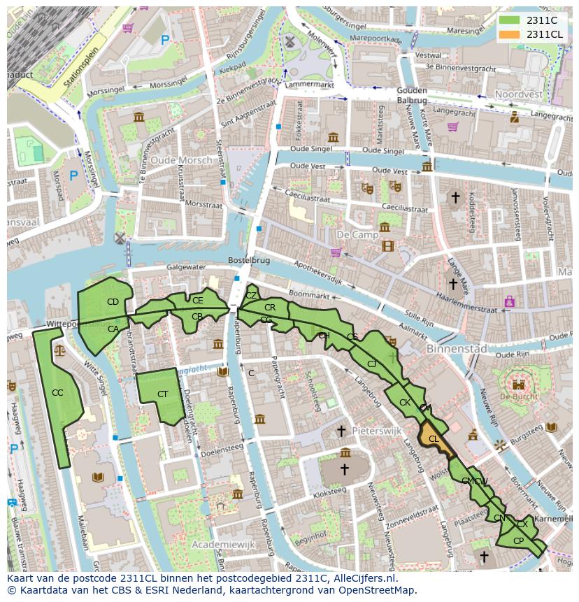 Afbeelding van het postcodegebied 2311 CL op de kaart.