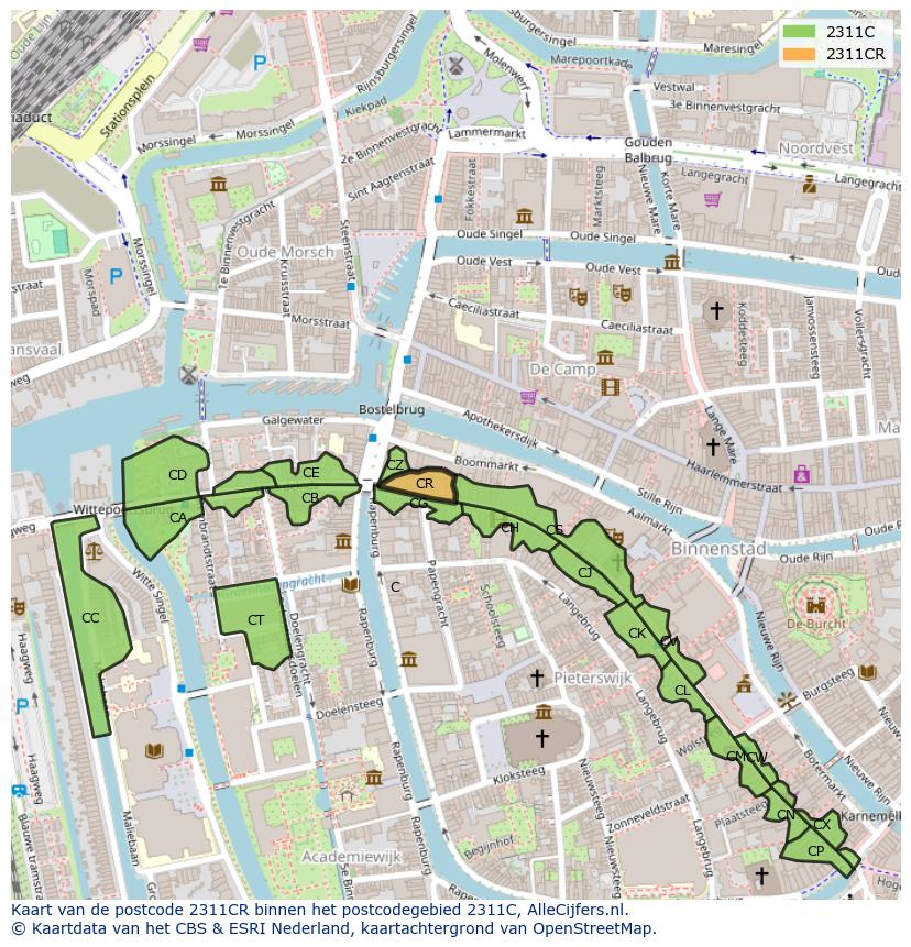 Afbeelding van het postcodegebied 2311 CR op de kaart.