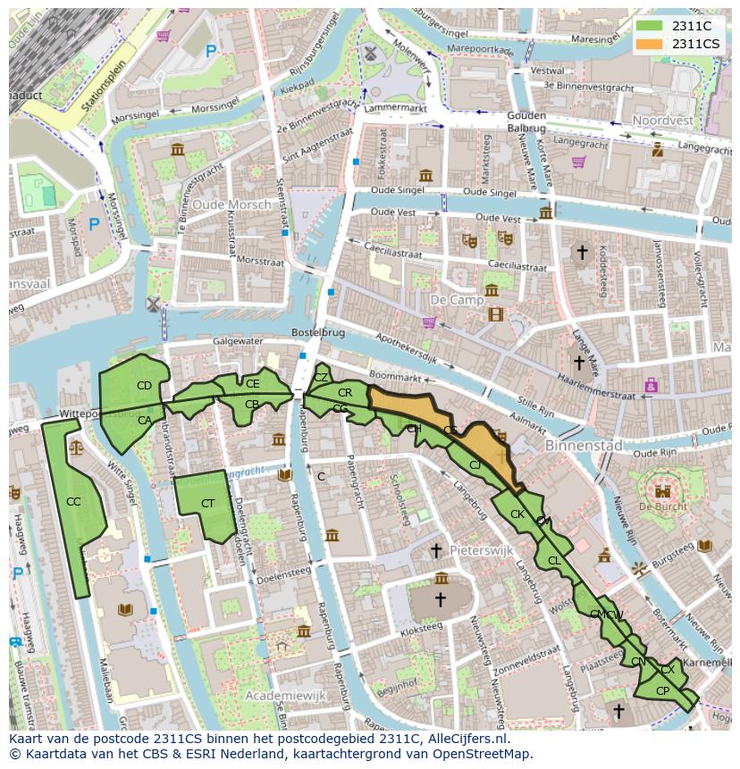 Afbeelding van het postcodegebied 2311 CS op de kaart.