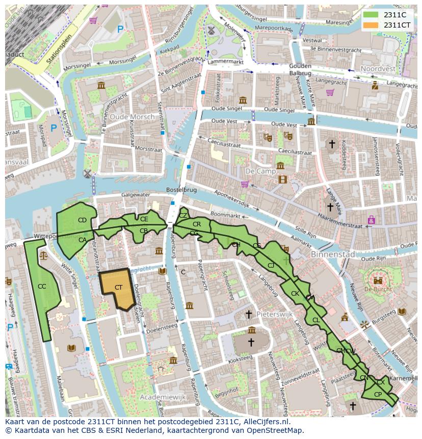 Afbeelding van het postcodegebied 2311 CT op de kaart.
