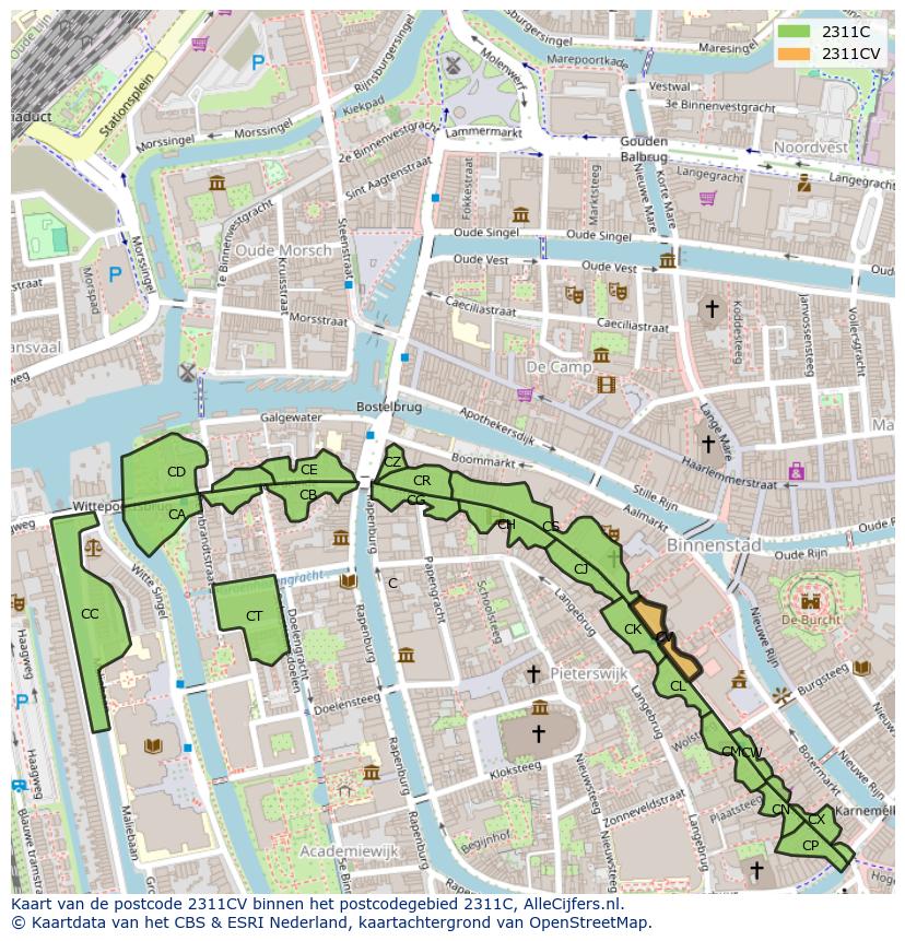 Afbeelding van het postcodegebied 2311 CV op de kaart.