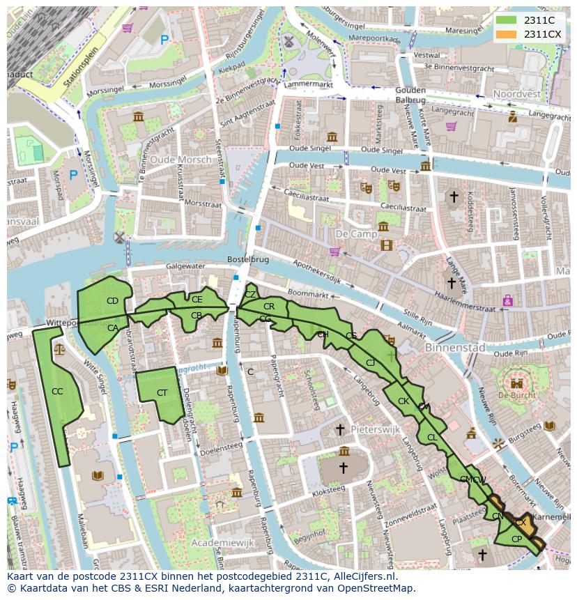 Afbeelding van het postcodegebied 2311 CX op de kaart.